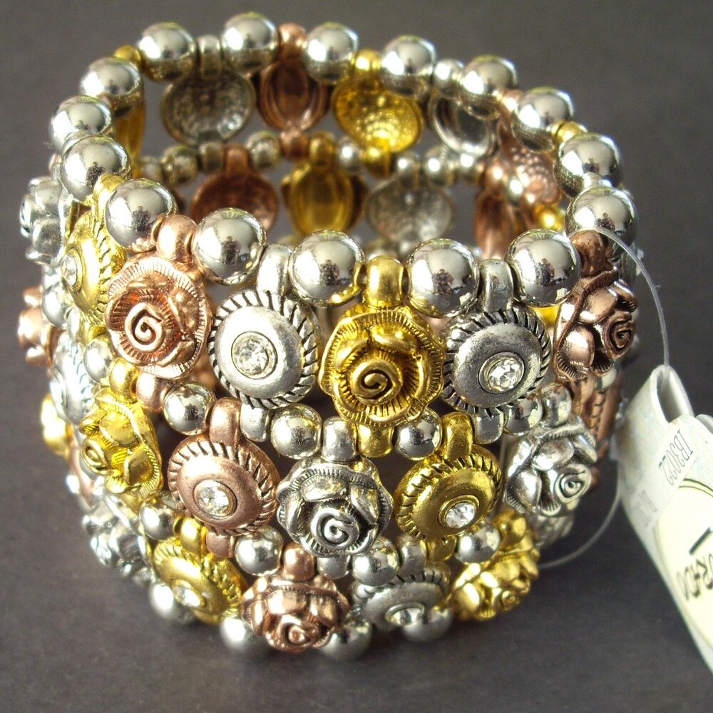 El Dorado Gold Silver and Rose Tone with WHITE Rhinestones WIDE Stretch Bracelet